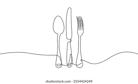 Continuous One Line Drawing of Tableware. Kitchen Tools Linear Vector Illustration. Fork, Knife, Spoon in Outline Minimalist Style Graphic Illustration. Not AI