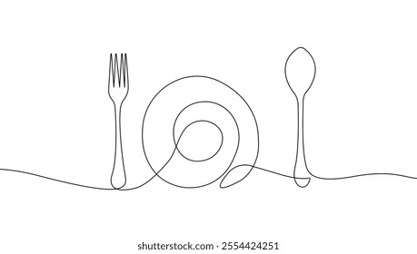 Continuous One Line Drawing of Tableware. Kitchen Tools Linear Vector Illustration. Fork, Knife, Spoon in Outline Minimalist Style Graphic Illustration. Not AI