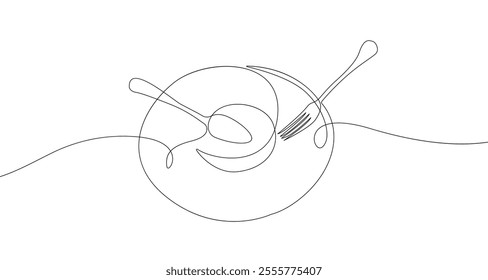 Continuous One Line Drawing of Tableware. Kitchen Tools Linear Vector Illustration. Fork, Knife, Spoon in Outline Minimalist Style Graphic Illustration. Not AI