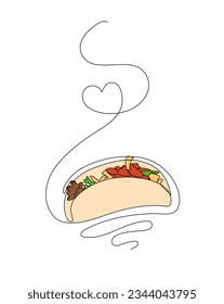 Dibujo continuo de una línea de taco. El concepto de menú de café mexicano de comida rápida. Ilustración vectorial simple