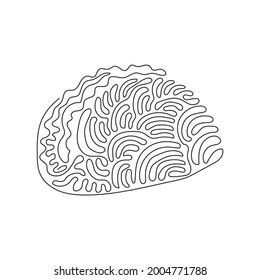 Continuous one line drawing tacos traditional Mexican fast food with tortilla, meat, vegetables, lettuce, cheese, tomato, sauce. Swirl curl style. Single line draw design vector graphic illustration