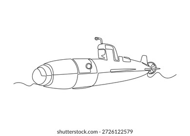 Submarino de ataque tático de desenho contínuo de uma linha. Arco arredondado, torre de comando, hélice traseira enquanto se move silenciosamente sob a superfície do oceano profundo. Ilustração gráfica vetorial de design de desenho de linha única