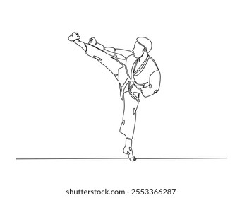 Dibujo continuo de una línea de taekwondo y entrenamiento de karate en el dojo. Ilustración de deporte de arte marcial asiático. Vector editable. 