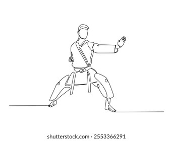 Dibujo continuo de una línea de taekwondo y entrenamiento de karate en el dojo. Ilustración de deporte de arte marcial asiático. Vector editable. 