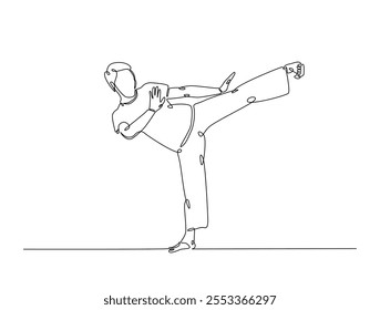 Desenho contínuo de uma linha de taekwondo e karatê no dojo. Ilustração do esporte da arte marcial asiática. Vetor editável. 