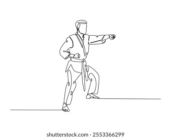 Dibujo continuo de una línea de taekwondo y entrenamiento de karate en el dojo. Ilustración de deporte de arte marcial asiático. Vector editable. 