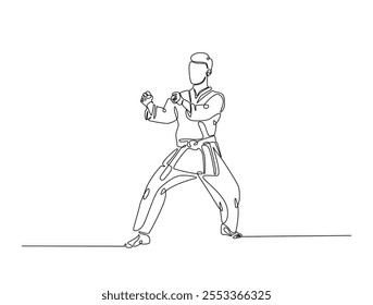 Desenho contínuo de uma linha de taekwondo e karatê no dojo. Ilustração do esporte da arte marcial asiática. Vetor editável. 