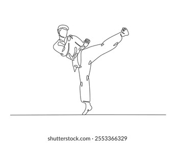 Desenho contínuo de uma linha de taekwondo e karatê no dojo. Ilustração do esporte da arte marcial asiática. Vetor editável. 