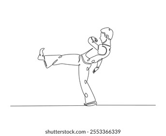 Dibujo continuo de una línea de taekwondo y entrenamiento de karate en el dojo. Ilustración de deporte de arte marcial asiático. Vector editable. 