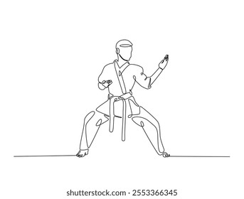 Dibujo continuo de una línea de taekwondo y entrenamiento de karate en el dojo. Ilustración de deporte de arte marcial asiático. Vector editable. 