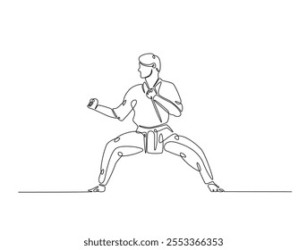 Dibujo continuo de una línea de taekwondo y entrenamiento de karate en el dojo. Ilustración de deporte de arte marcial asiático. Vector editable. 