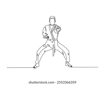 Dibujo continuo de una línea de taekwondo y entrenamiento de karate en el dojo. Ilustración de deporte de arte marcial asiático. Vector editable. 