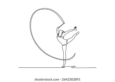 Continuous one line desenho talentoso adolescente menina ginasta rítmica performando com fita, dança artística. Esportes, beleza, graça, competição, arte. Desenho de linha única ilustração gráfica vetorial