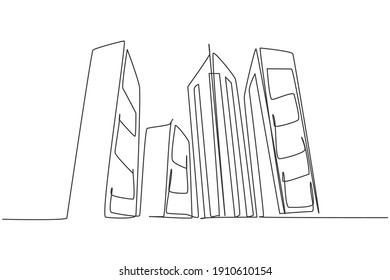 Continuous One Line Drawing Of Tall Skyscraper Buildings In Big City. Business Office Building District Hand Drawn Minimalist Concept. Modern Single Line Draw Design Vector Graphic Illustration