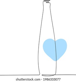 Continuous one line drawing of tall battle with blue heart standing on abstact surface.Importance of drinking water theme