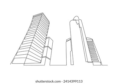 Dibujo continuo de una línea de edificios altos rascacielos en la gran ciudad. Diseño de oficina de negocios de distrito, concepto minimalista dibujado a mano. Ilustración gráfica vectorial de diseño de trazos de línea única moderna