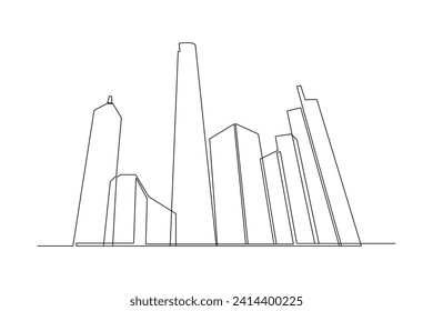 Continuous one line drawing of tall skyscraper buildings in big city. Business office building district hand drawn minimalist concept. Modern single line draw design vector graphic illustration