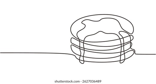 Continuous one line drawing of a tall stack of pancakes drizzled with dripping syrup. Vector illustration hand drawn.