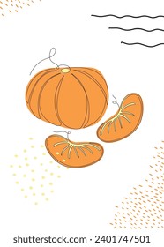 Tangerina de una línea continua. Ilustración vectorial. Arte de línea negra sobre fondo blanco con puntos y elementos coloridos. Afiche del concepto de minimalismo