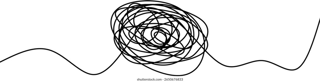 Desenho contínuo de uma linha de um rabisco emaranhado. Conceito abstrato para o caos, confusão ou um problema complexo. Ilustração de vetor minimalista isolada em um fundo branco