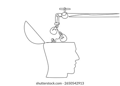 Continuous one line drawing the tap takes out the bulb lamp and fills the exposed human head. Learn to add new skills. Adaptation. National Creativity Day. Single line draw design vector illustration