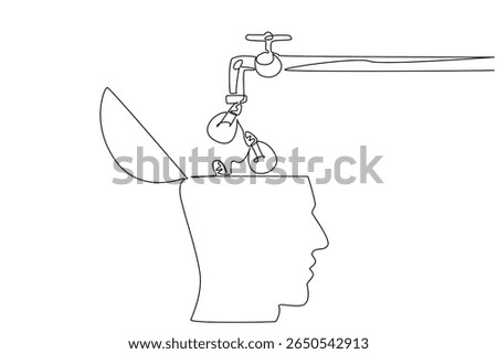 Continuous one line drawing the tap takes out the bulb lamp and fills the exposed human head. Learn to add new skills. Adaptation. National Creativity Day. Single line draw design vector illustration