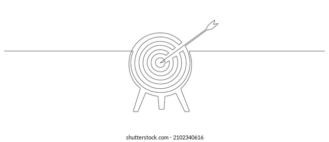 Continuous one line drawing of Target with arrow standing on tripod. Success goal achieve concept in simple linear style. Editable stroke. Doodle vector illustration