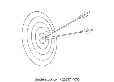 Continuous one line drawing of Target with two arrows hit to center of dartboard. Success achieve concept and goal on bullseye in simple linear style. Editable stroke. Doodle vector illustration