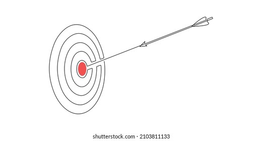Continuous one line drawing of Target with arrow flying to red point center of dartboard. Success achieve concept and goal on bullseye in simple linear style. Doodle vector illustration