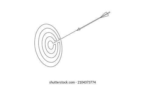 Continuous one line drawing of Target with arrow flying to center of dartboard. Success achieve concept and goal on bullseye in simple linear style. Editable stroke. Doodle vector illustration