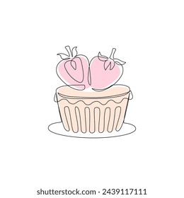 Continuous one line drawing of tart with strawberries vanilla cream cheese. Hand drawn piece of cake minimalist design, confectionery concept. Vector illustration isolated on white background