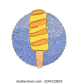 Continuous one line drawing tasty popsicle twisted ice cream. Stick lolly ice-cream. Cold summer desserts. Swirl curl circle background style. Single line draw design vector graphic illustration