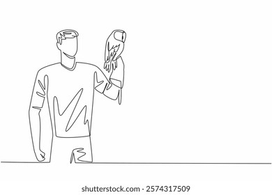 Continuous one line drawing tawny owl perched on hand of man. Stocky brown owl. Large eyes help hunting in the dark. Largest owl in UK. Man Holding Bird. Single line draw design vector illustration