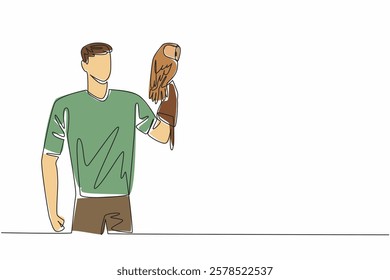 Continuous one line drawing tawny owl perched on hand of man. Stocky brown owl. Large eyes help hunting in the dark. Largest owl in UK. Man Holding Bird. Single line draw design vector illustration