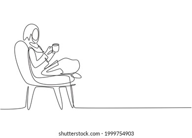 Continuous one line drawing tea time. Relaxed Arabian girl sitting in modern chair, enjoying hot coffee in front of window, side view, free space. Single line draw design vector graphic illustration