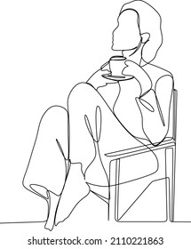 Continuous one line drawing tea time. Relaxed beautiful girl sitting in modern chair, enjoying hot coffee in front of window, side view, free space. Single line draw design vector graphic illustration