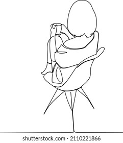 Kontinuierliche Zeichnungszeit einer Linie. Relaxtes schönes Mädchen sitzend im modernen Stuhl, genießen heißen Kaffee vor dem Fenster, Seitenansicht, freier Raum. Vektorgrafik-Illustration mit Einzelzeilenzeichnung
