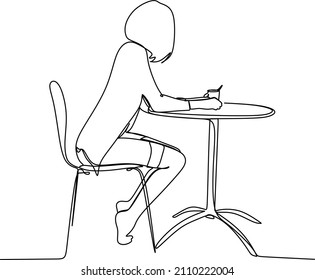 Continuous one line drawing tea time. Relaxed beautiful girl sitting in modern chair, enjoying hot coffee in front of window, side view, free space. Single line draw design vector graphic illustration