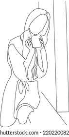 Continuous one line drawing tea time. Relaxed beautiful girl  enjoying hot coffee in front of window. Single line draw design graphic illustration