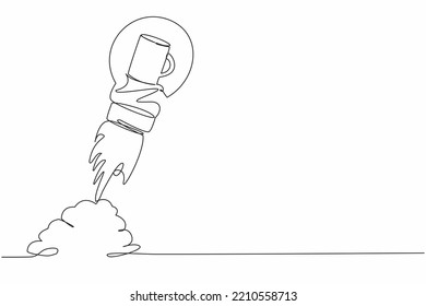 Continuous one line drawing of tea cup launching with light bulb. Rocket launch symbolizing an invigorating drink. Cafeteria or restaurant improvisation. Single line design vector graphic illustration