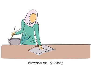 Tiempo de té continuo de una línea dibujando. Niña árabe relajada sentada en una silla moderna, disfrutando de un café caliente frente a la ventana, vista lateral, espacio libre. ilustración vectorial de diseño de línea única