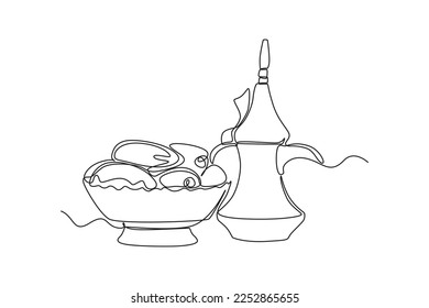 Continuous one line drawing tea pot and kurma. Ramadan activity concept. Single line draw design vector graphic illustration.