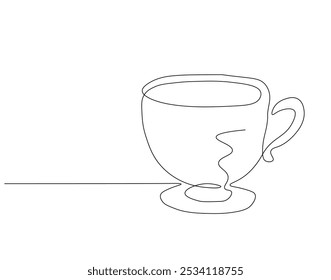 Continuous one line drawing of tea cup. One line drawing illustration of hot tea in cup. International tea day concept line art. Editable outline