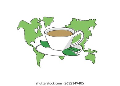 Continuous one line drawing tea cup with saucer and some tea leaves and world map background. A special aroma in each country. Taste. International Tea Day. Single line draw design vector illustration