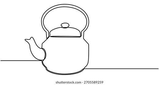 Continuous One line drawing tea kettle, illustration of tea pot, Single line art draw of Teapot minimalist. 