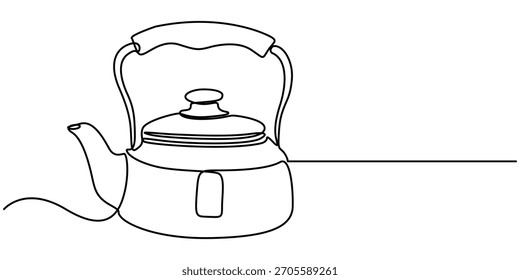 Continuous One line drawing tea kettle, illustration of tea pot, Single line art draw of Teapot minimalist. 