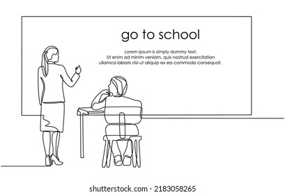 Continuous one line drawing teacher welcoming children back to school  education  school  lesson   concept teacher standing in front students   writing the blackboard doodle style