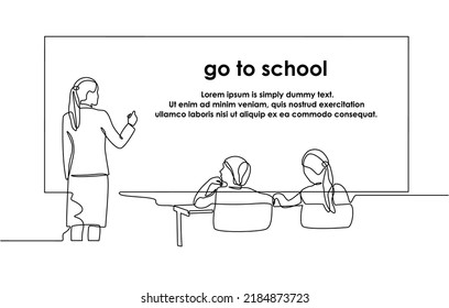 Continuous one line drawing of a teacher welcoming children back to school. education, school, lesson and concept of a teacher standing in front of students and writing on the blackboard.doodle style