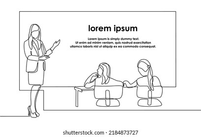 Dibujo continuo de una línea de un profesor que da la bienvenida a los niños de vuelta a la escuela. educación, escuela, lección y concepto de un profesor parado frente a los estudiantes y escribiendo en la pizarra. estilo doodle