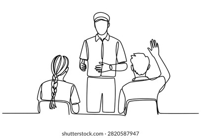 Continuous one line drawing of a teacher giving a lesson to students in a classroom Vector, illustration